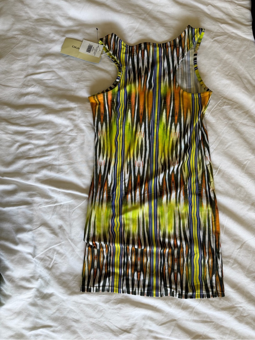Striped Ikat-Print Bodycon Dress in Green and Orange